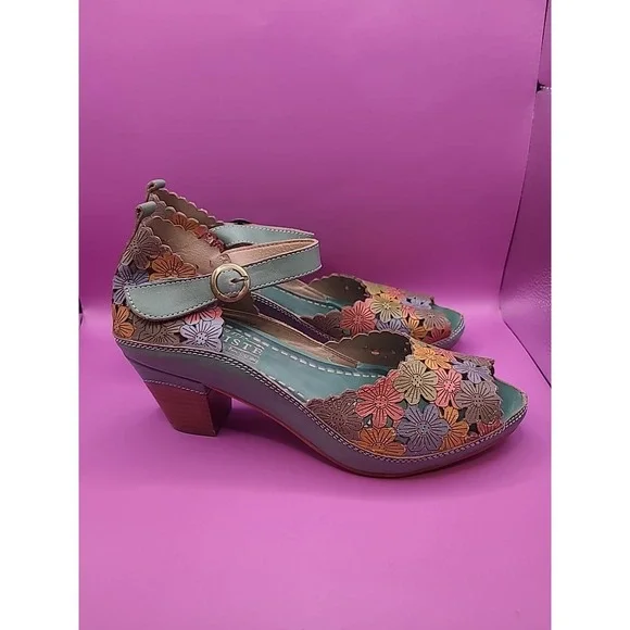 L'Artiste AVNIA Sandals Blue Multi Floral Hand Painted Peep Toe Heels 39 - Picture 2 of 12